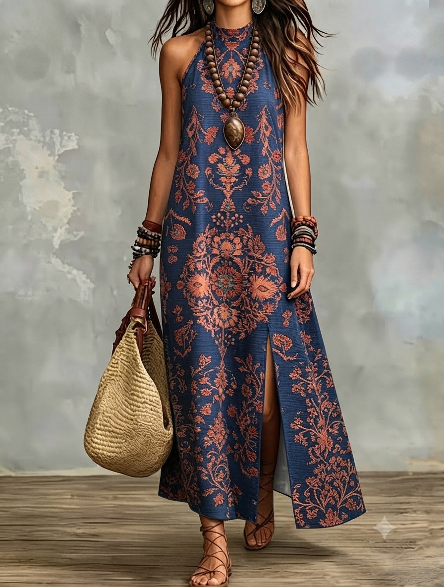 Vestido largo azul, estampado floral